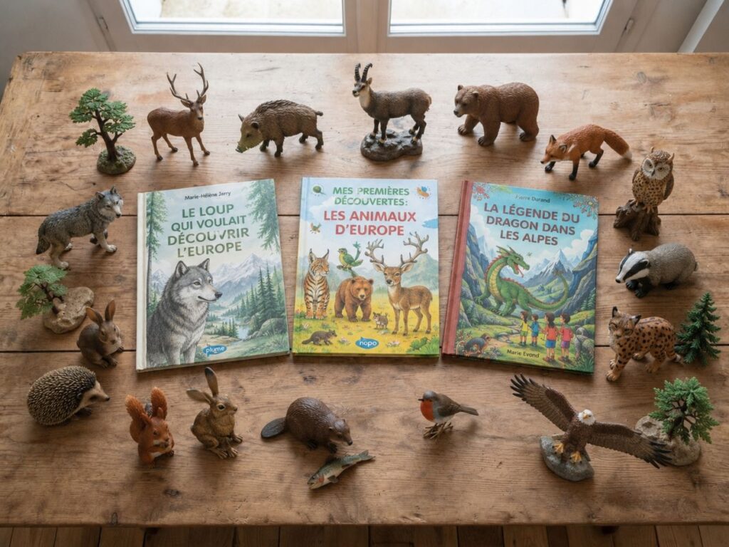 Livres et figurines d'animaux sauvages d'Europe sur une table