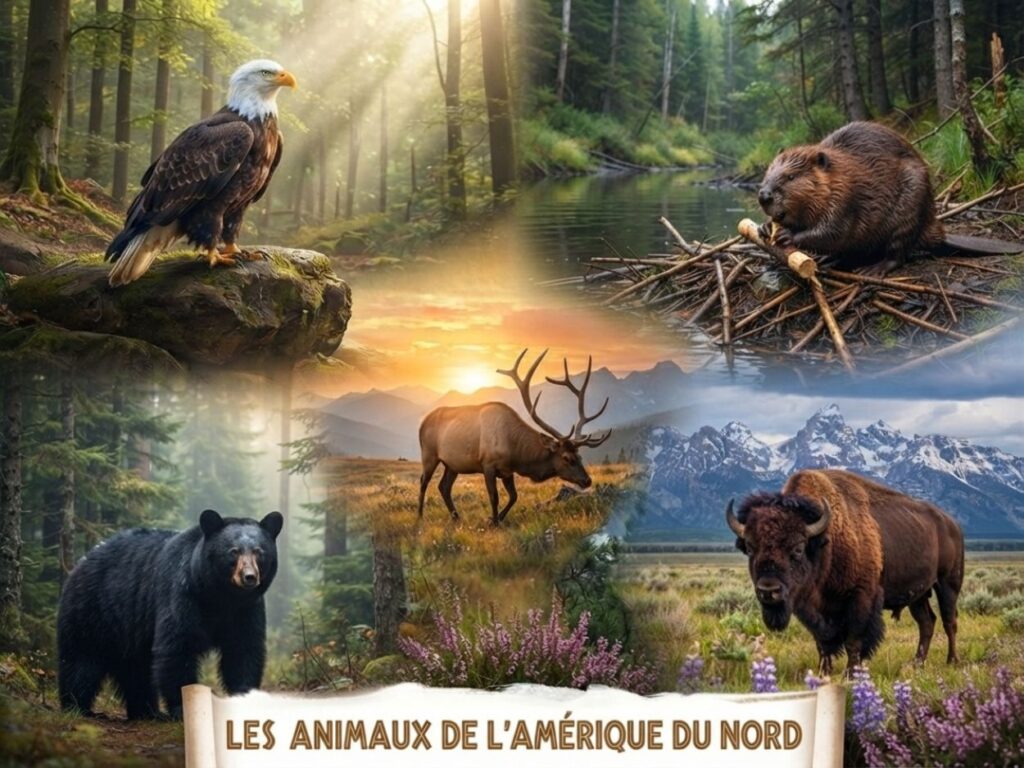 Collage d'animaux d'Amérique du Nord : aigle, castor, ours noir, élan et bison.