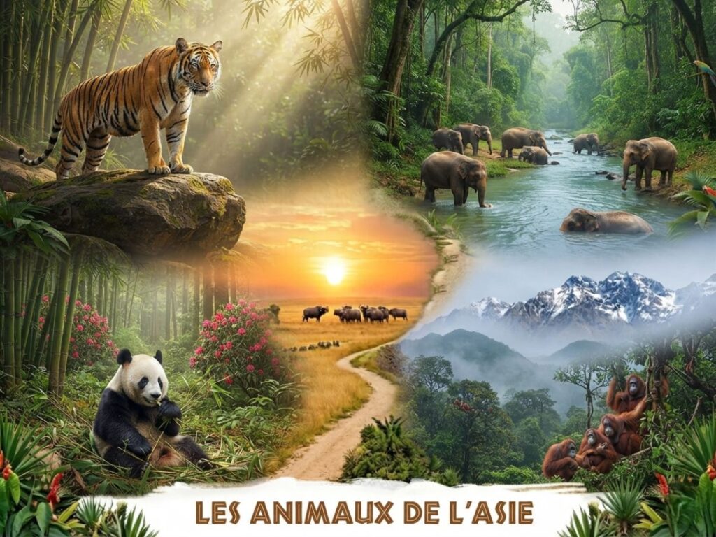 Collage d'animaux d'Asie : panda, tigre, éléphants, orangs-outans