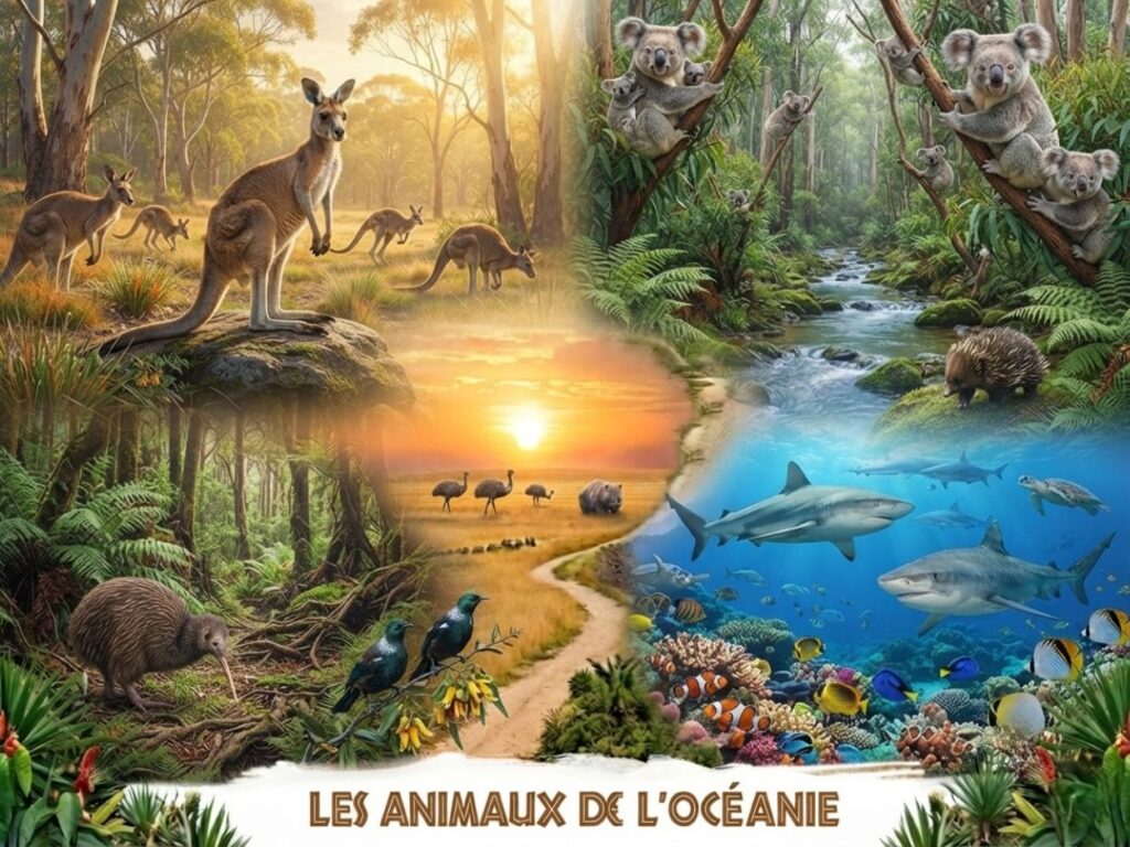 Illustration présentant les animaux typiques d'Océanie, tels que des kangourous, des koalas, des oiseaux locaux et la vie sous-marine des récifs coralliens.