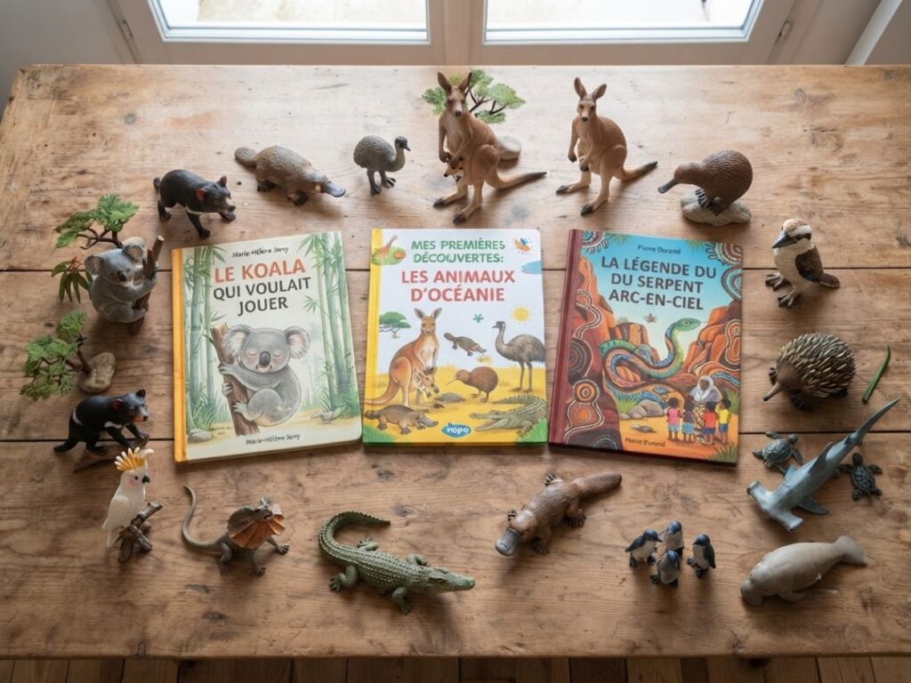 Figurines d'animaux australiens et livres sur l'Océanie