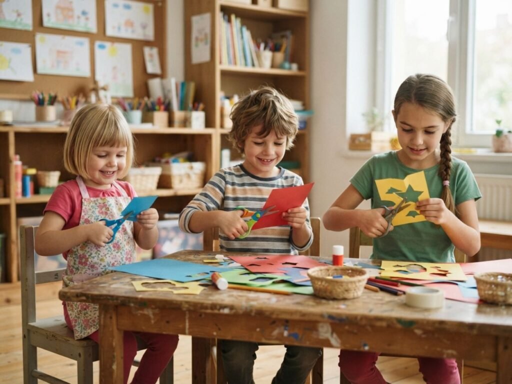 Trois enfants d'âges différents concentrés sur une activité de découpage au ciseaux dans une salle de classe de maternelle