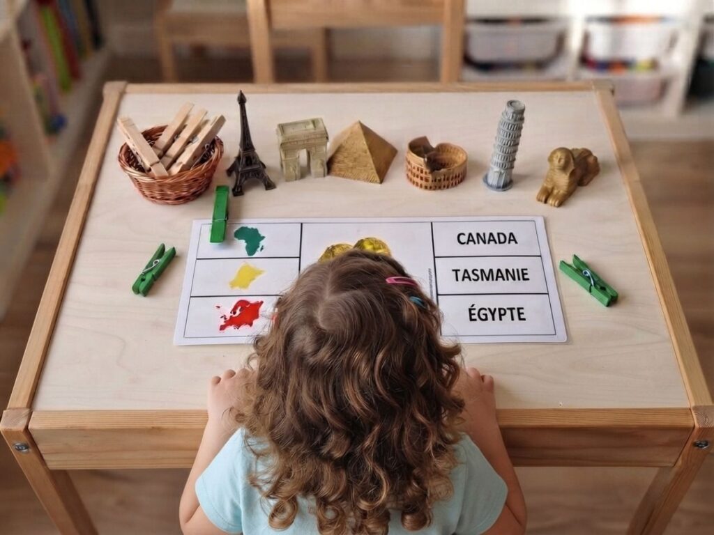 Fille manipulant des cartes à pinces éducatives sur les monuments du monde