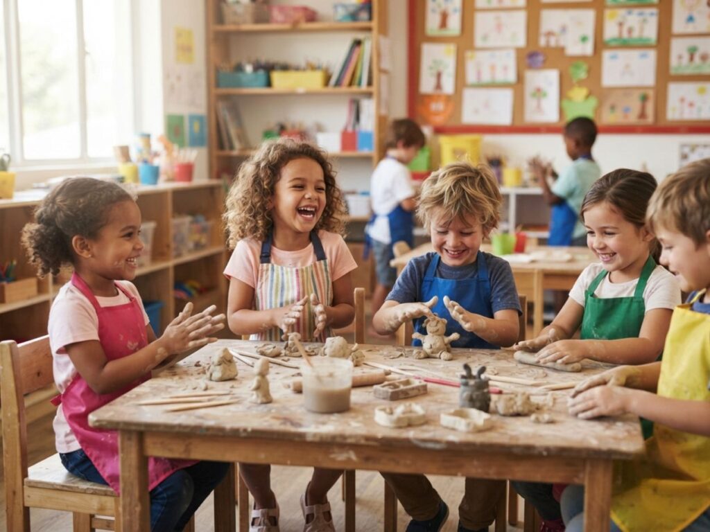Enfants riant et modelant des formes dans l'argile autour d'une table d'atelier.