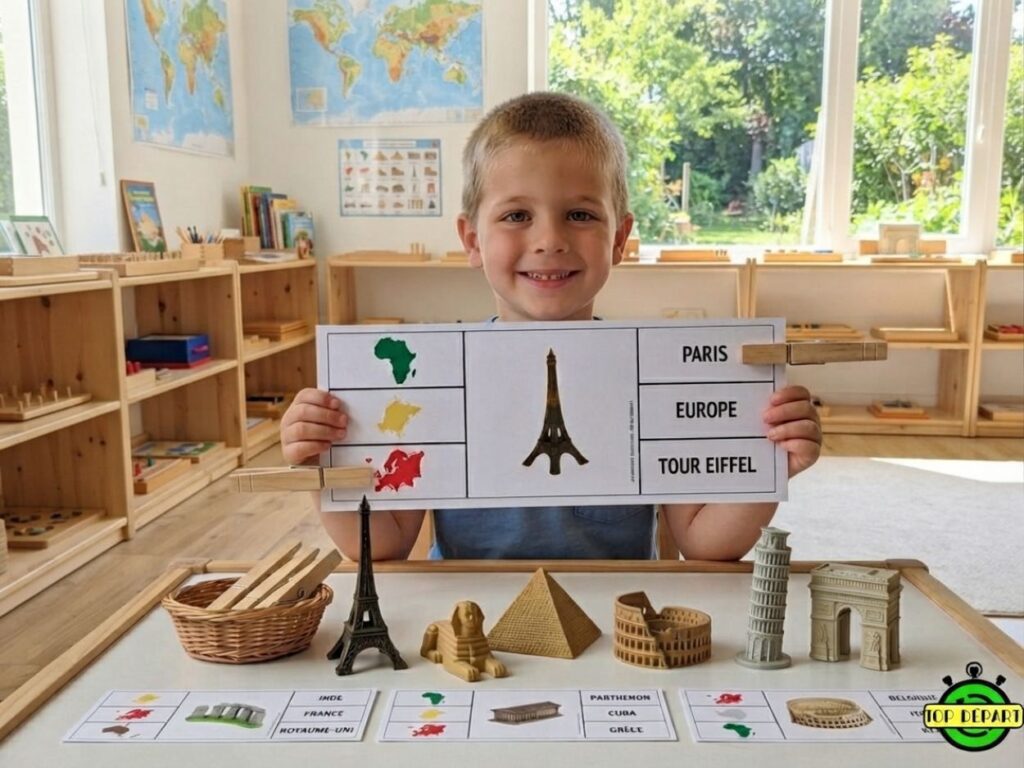 Garçon tenant une fiche pédagogique sur la Tour Eiffel et les monuments