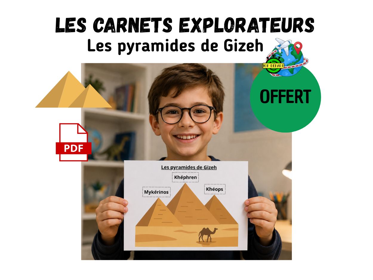 Enfant présentant une fiche pédagogique sur les pyramides de Gizeh Khéops Khéphren Mykérinos