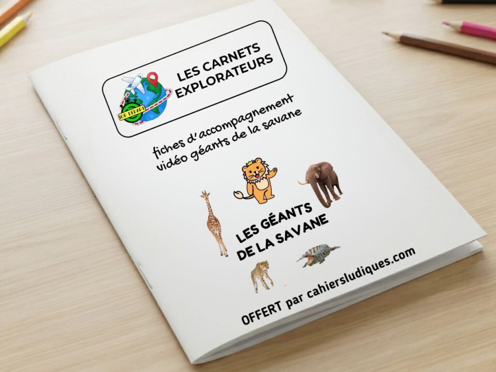 Couverture du cahier pédagogique "Les Carnets Explorateurs" sur le thème des géants de la savane, incluant des fiches d'accompagnement vidéo.