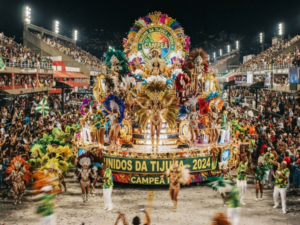 Char allégorique coloré et danseurs lors du carnaval de Rio 2024.