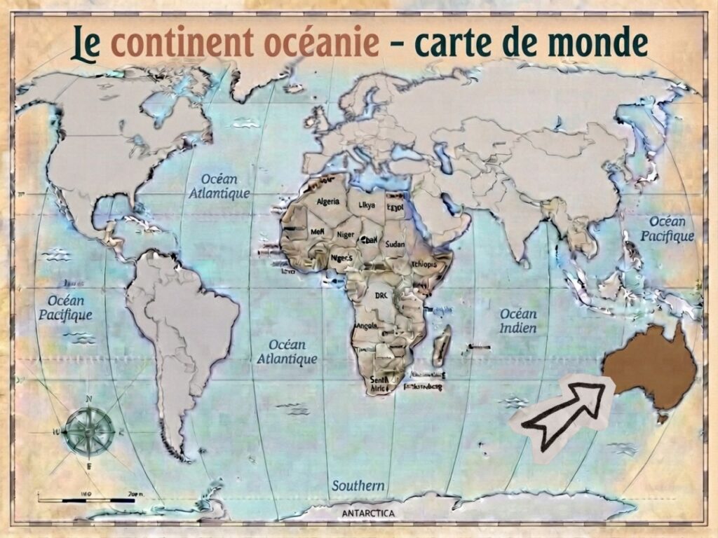 Carte du monde mettant en évidence le continent Océanie.