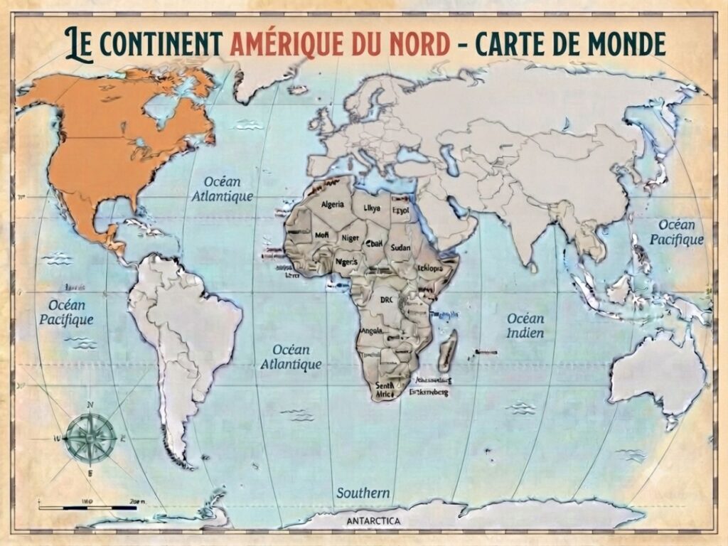 Carte du monde illustrée mettant en avant le continent d'Amérique du Nord en orange.