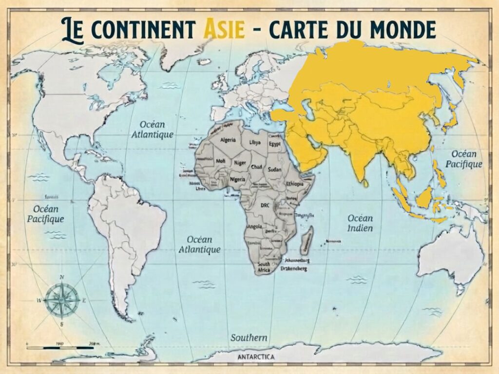 Planisphère mettant en évidence le continent asiatique