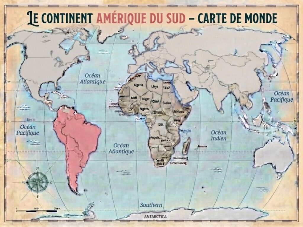 Carte géographique du monde illustrant la position du continent sud-américain en rose.