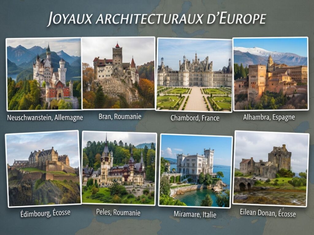 Collage de châteaux européens célèbres comme Neuschwanstein et Chambord.