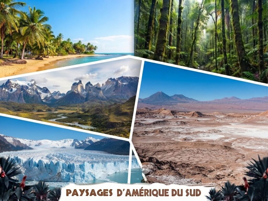 Collage montrant une plage tropicale, une jungle dense, les Andes et un désert aride.