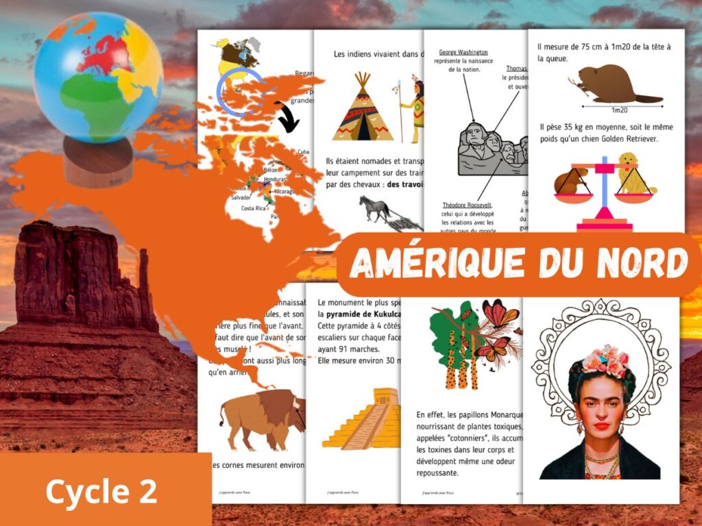Aperçu de fiches documentaires éducatives sur l'Amérique du Nord pour le cycle 2.