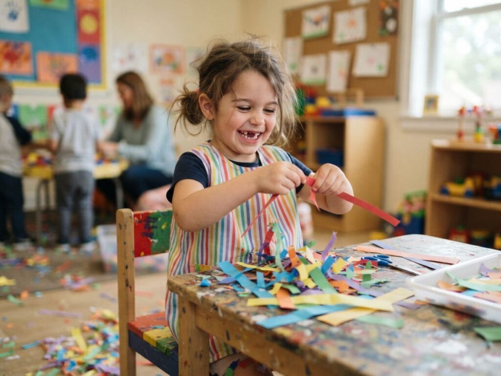 Jeune fille souriante réalisant un atelier de déchirage de papier coloré.
