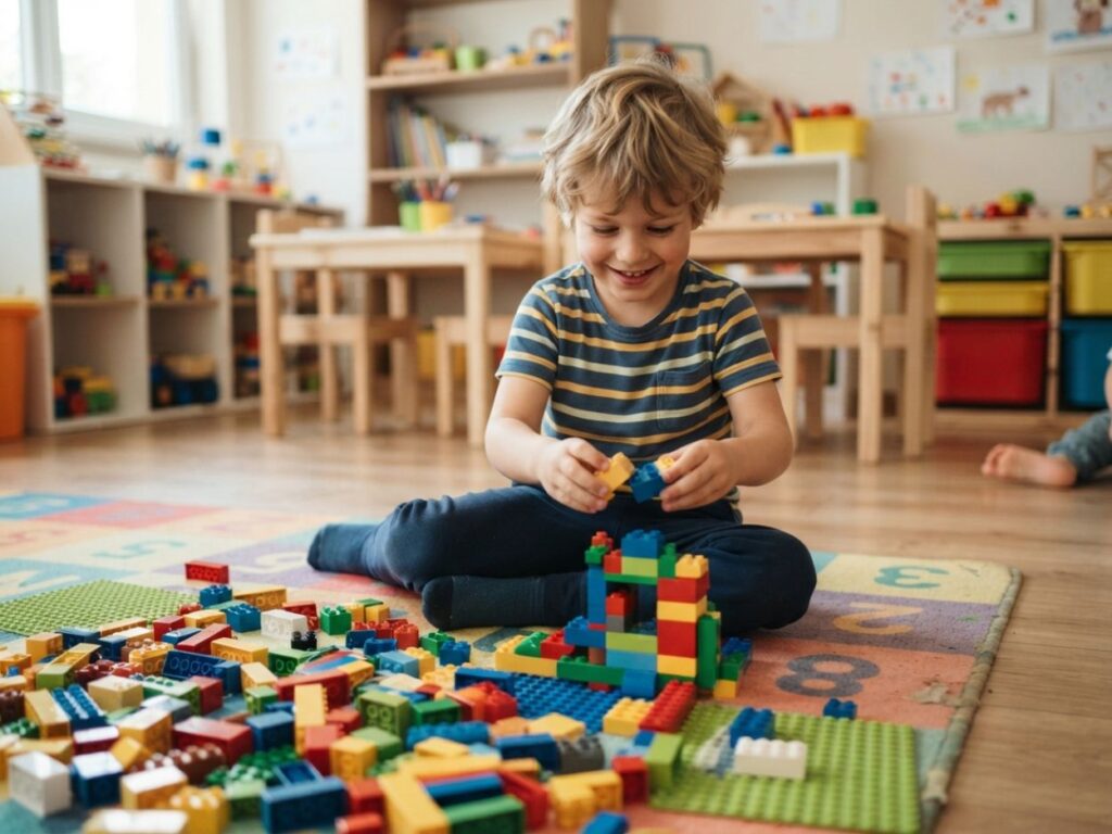 Petit garçon construisant une structure avec des briques en plastique colorées.