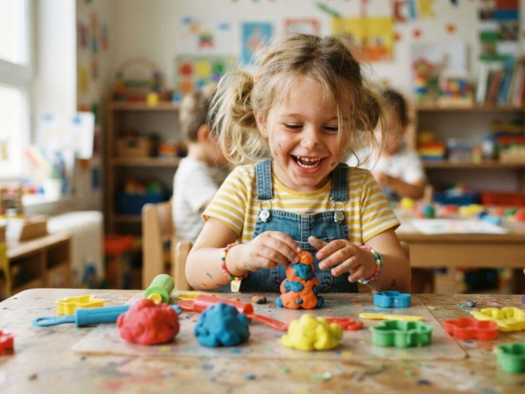 Petite fille souriante jouant avec de la pâte à modeler colorée pour travailler sa motricité fine.