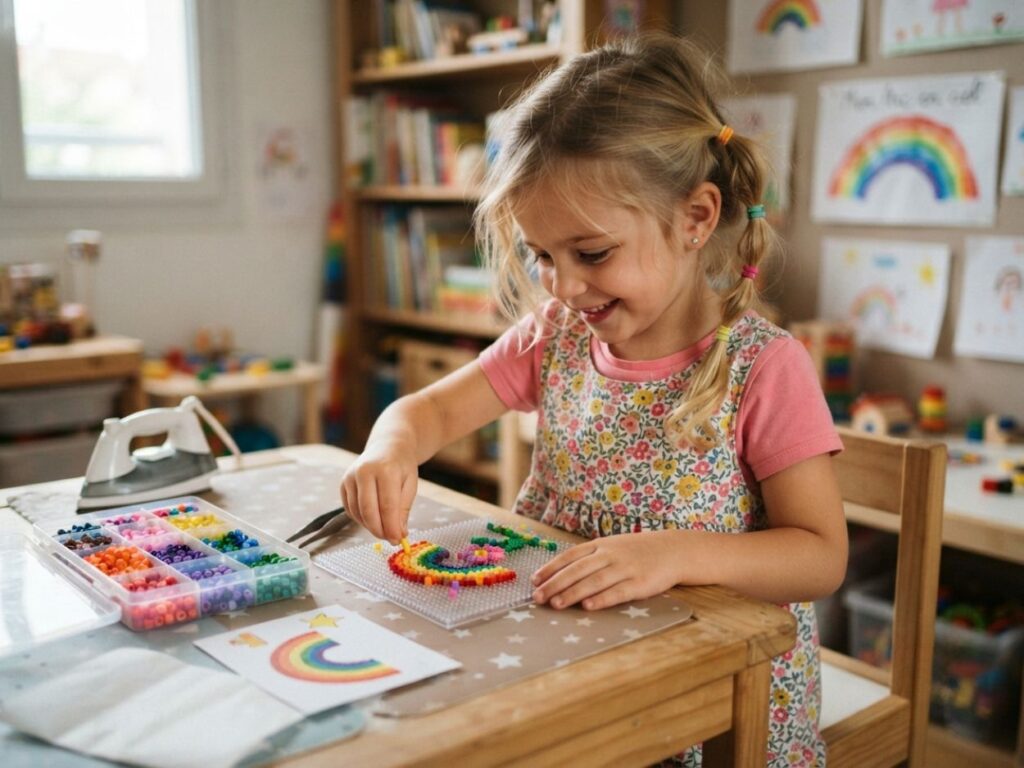 Petite fille souriante réalisant un motif d'arc-en-ciel avec des perles à repasser.