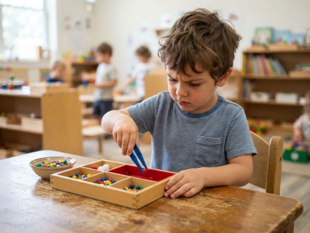 Gros plan sur un enfant très concentré utilisant une pince pour trier des perles colorées.