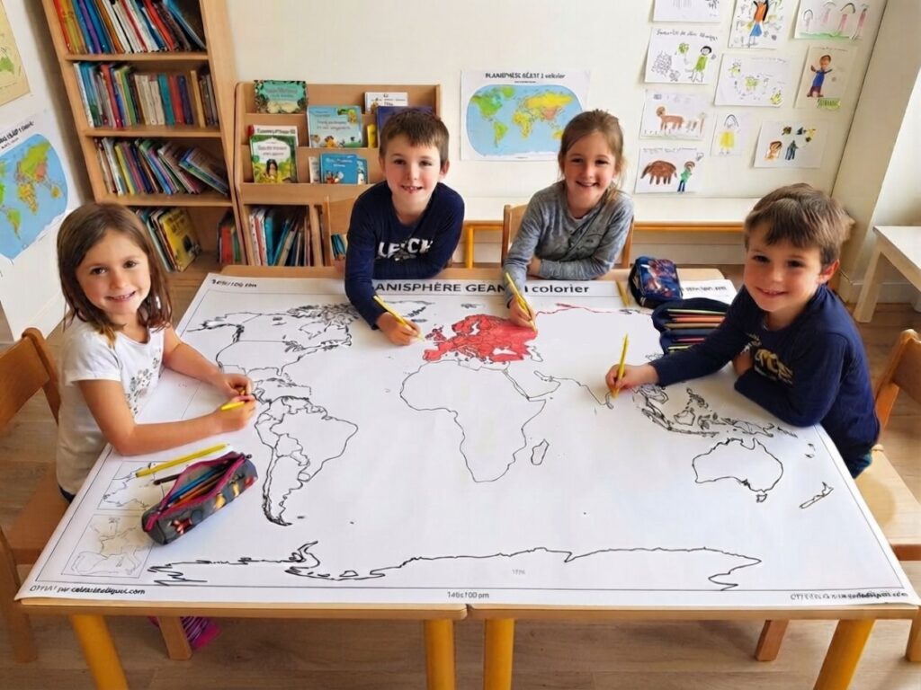 Quatre enfants souriants colorient une carte géante de l'Europe sur une table.