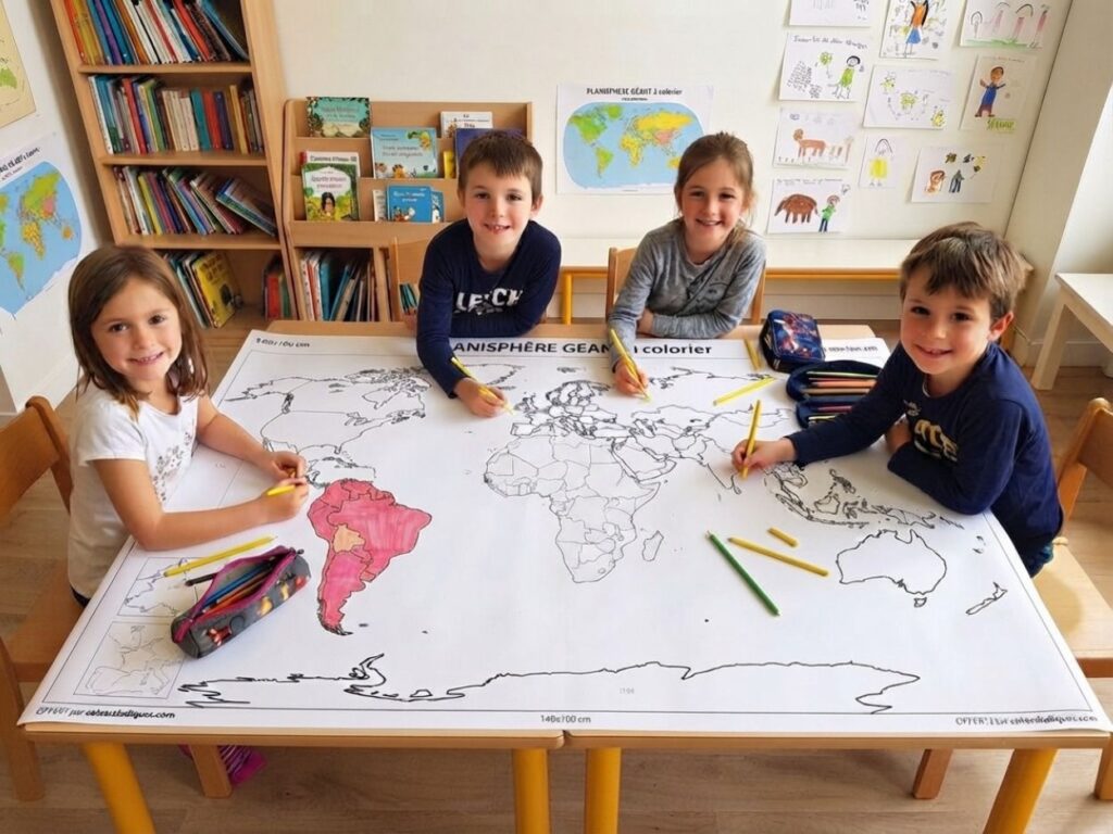 Quatre enfants colorient un planisphère géant sur une table.