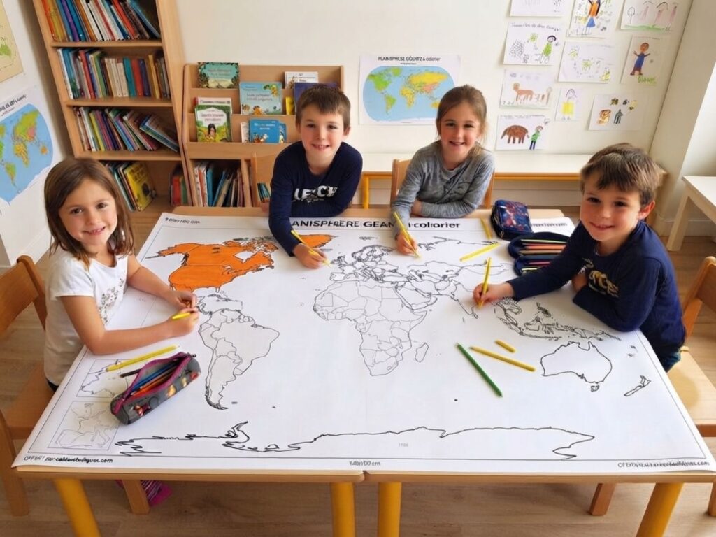 Groupe d'enfants autour d'une table coloriant ensemble une immense carte géographique.
