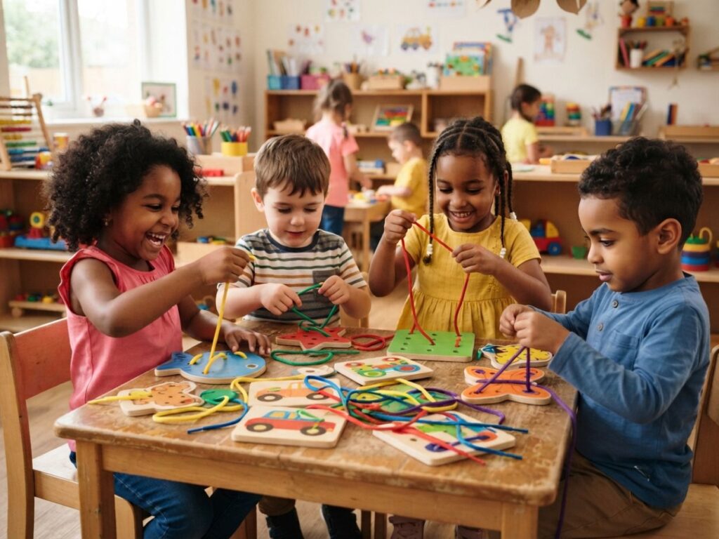 Groupe d'enfants concentrés sur une activité de laçage en bois pour travailler la coordination.