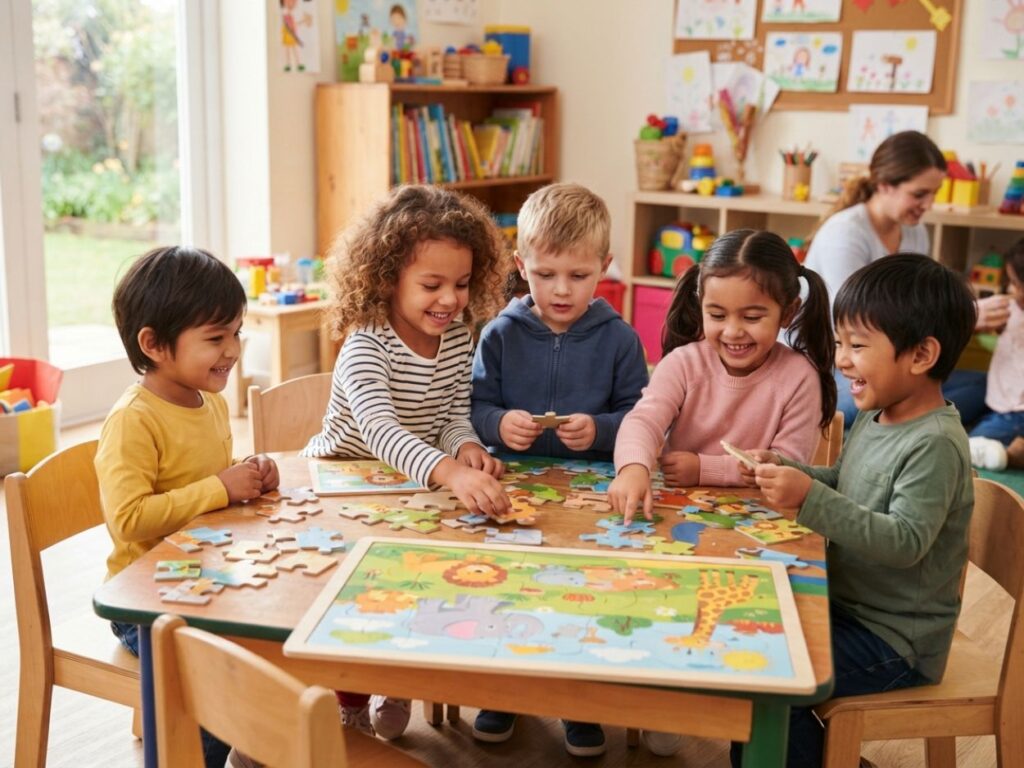 Groupe d'enfants souriants assemblant un puzzle d'animaux sur une table en bois.