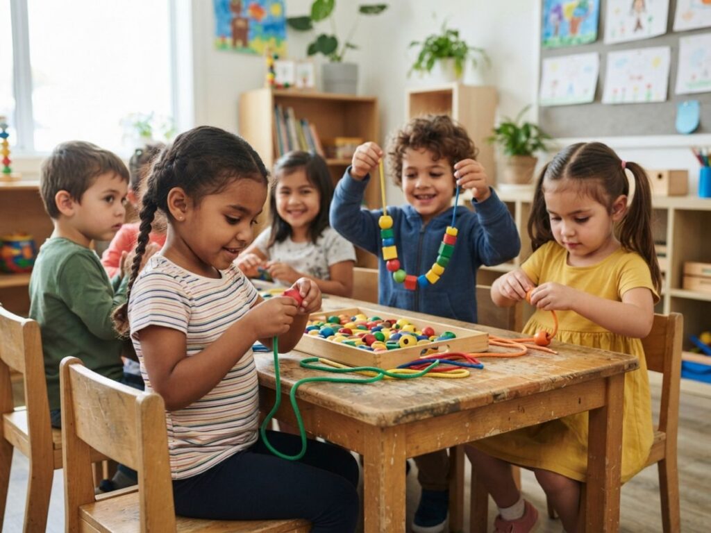 Enfants en train d'enfiler des perles colorées sur des cordons pour travailler la dextérité.