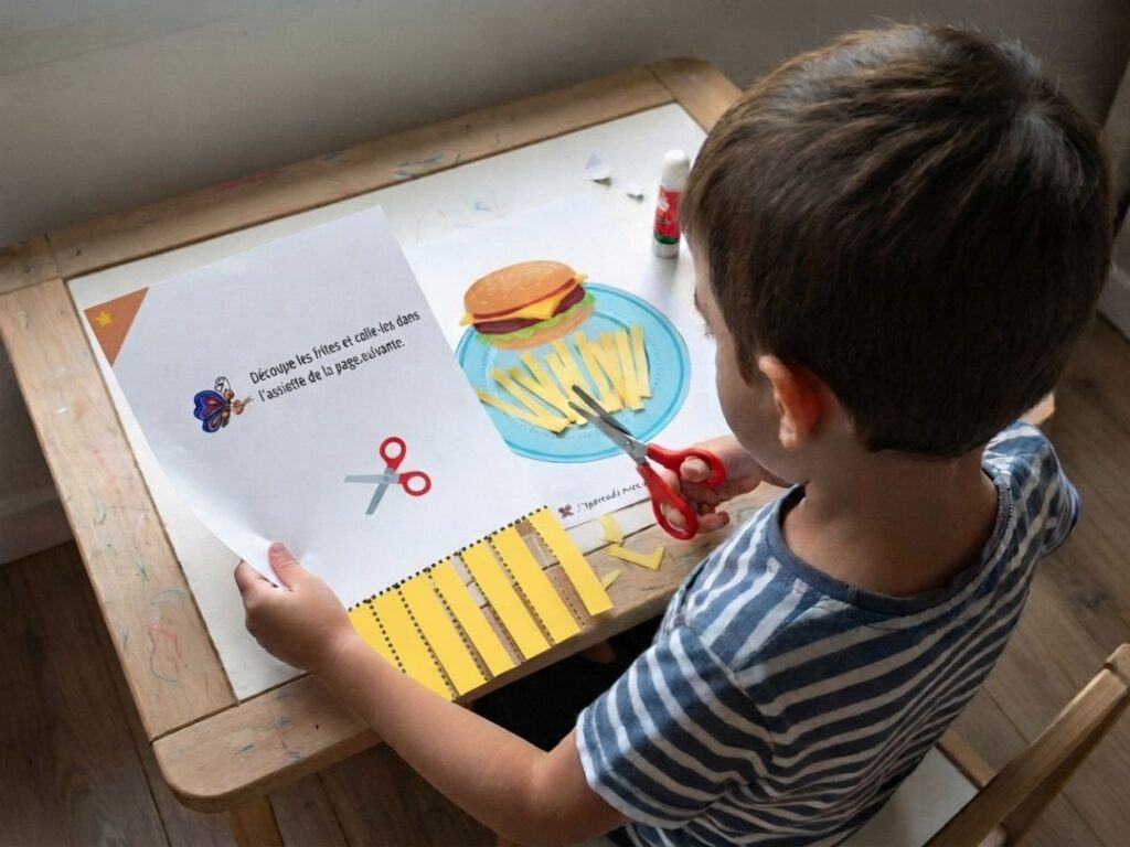 Enfant découpant des bandes de papier représentant des frites pour un exercice de motricité fine