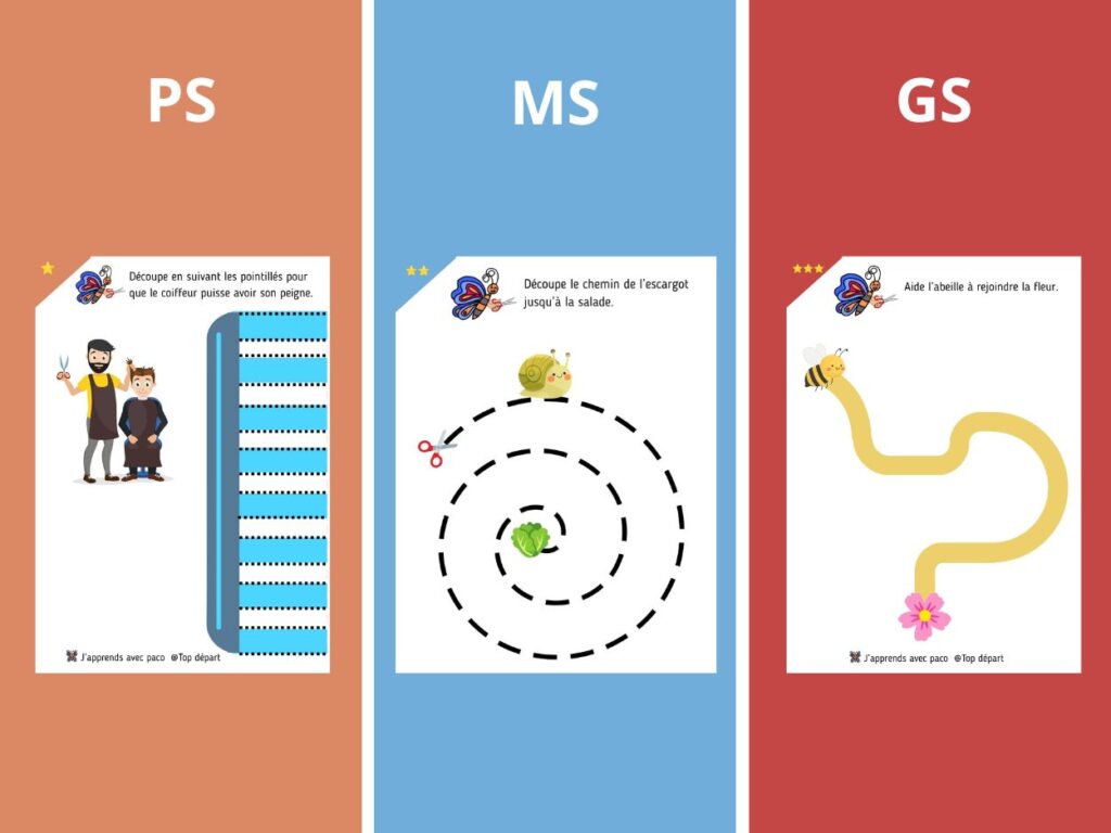 Exemples de fiches d'exercices de découpage pour les niveaux petite, moyenne et grande section de maternelle