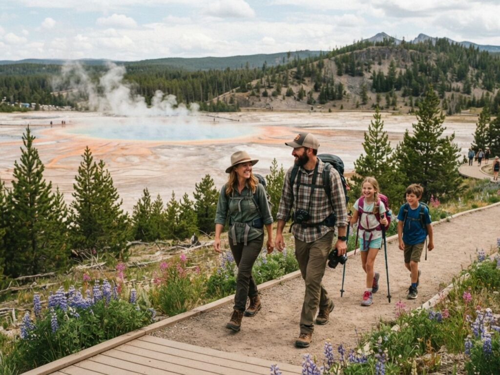 Famille faisant une randonnée sur une passerelle en bois devant une source thermale colorée.