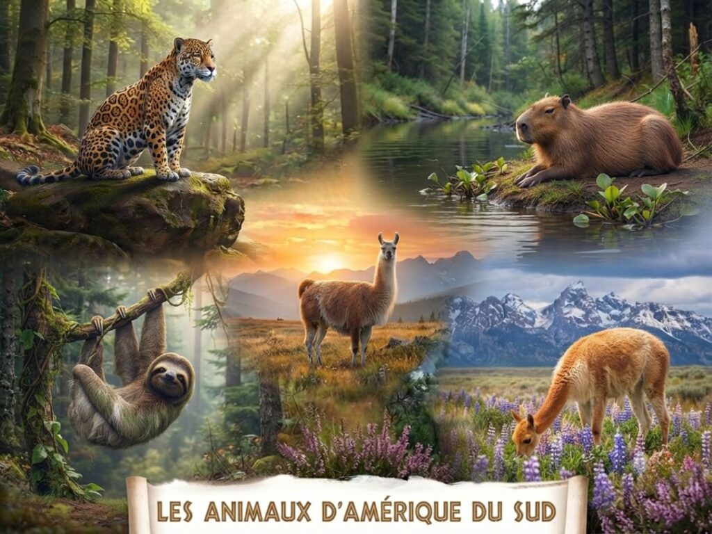 Collage illustrant un jaguar, un capybara, un lama, un paresseux et une vigogne.