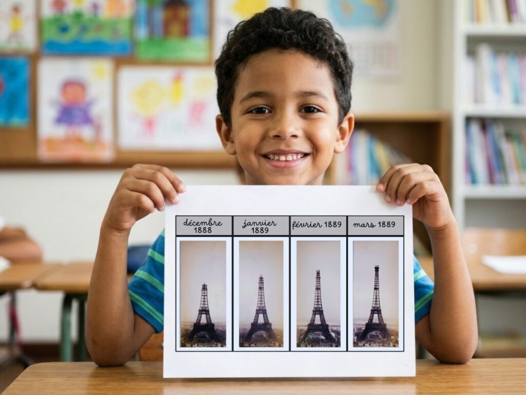 Enfant tenant une fiche éducative illustrant les étapes de construction de la Tour Eiffel en 1888 et 1889.