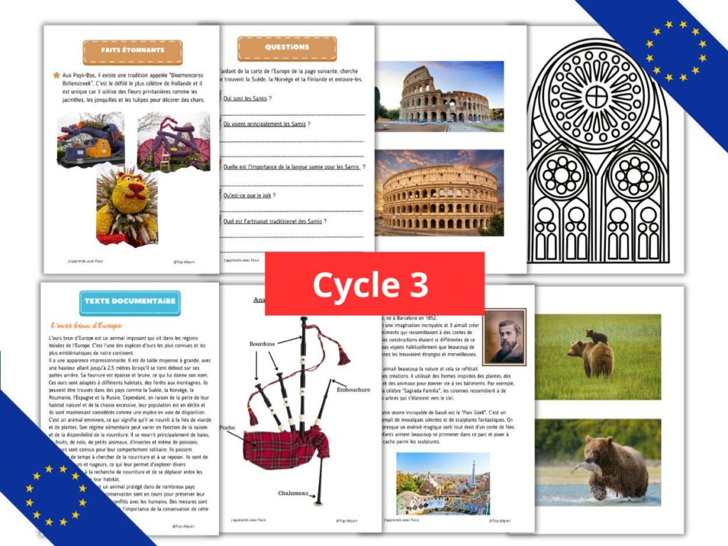 Pages d'exercices, textes documentaires et cartes pour le cycle 3.