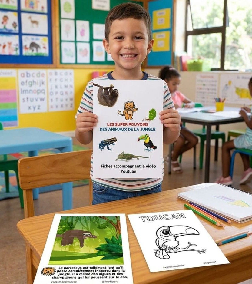 Un enfant tient fièrement les fiches pédagogiques "Les super pouvoirs des animaux de la jungle" sur un bureau d'école.