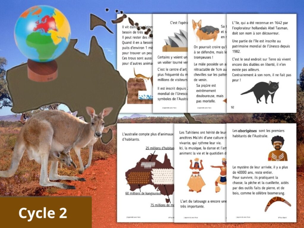 Feuilles d'exercices pédagogiques sur l'Australie, les animaux et la culture aborigène destinées aux élèves de Cycle 2.