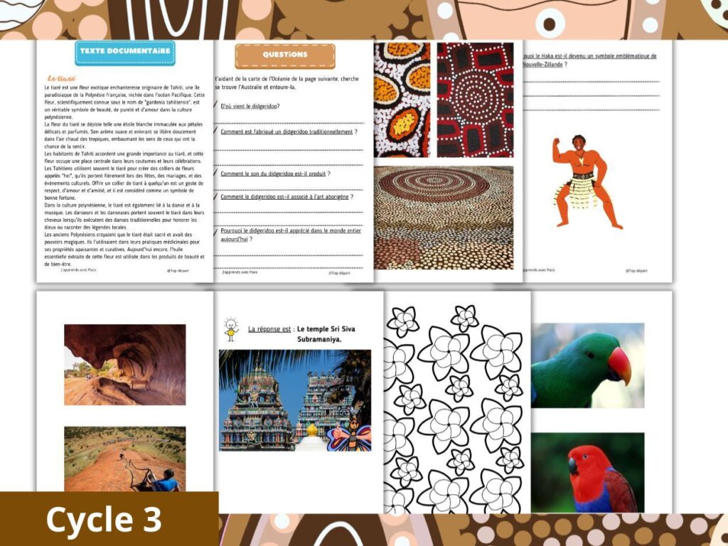 Aperçu de fiches documentaires et questionnaires scolaires sur le thème de l'Océanie pour les élèves de Cycle 3.