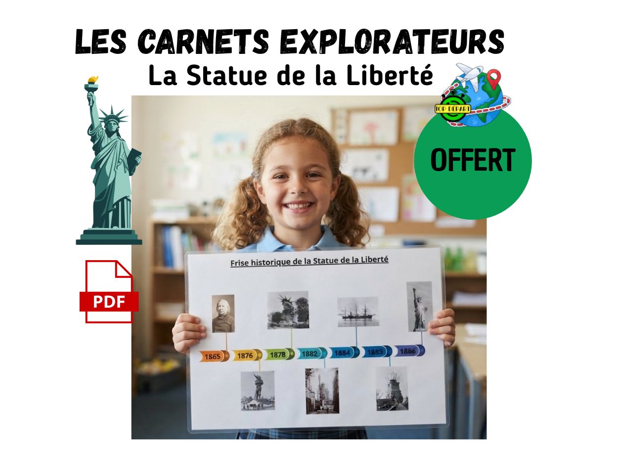 Enfant tenant une fiche pédagogique à imprimer sur l'histoire et la chronologie de la Statue de la Liberté.