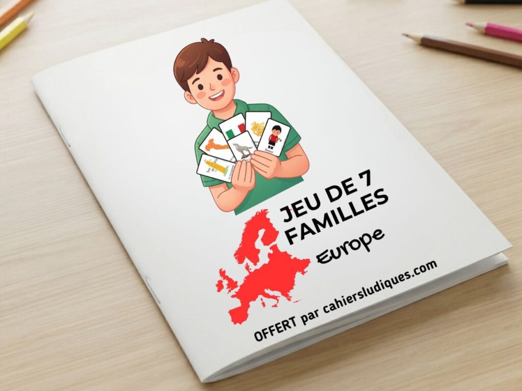 Un enfant tenant un jeu de 7 familles sur le thème de l'Europe, activité éducative gratuite proposée par Cahiers Ludiques.
