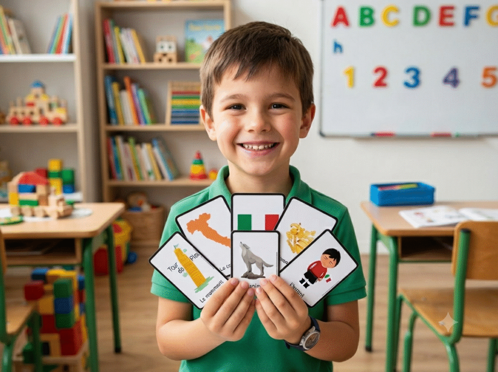 Enfant souriant tenant des cartes du jeu de 7 familles sur le thème des pays d'Europe dans une salle de classe.