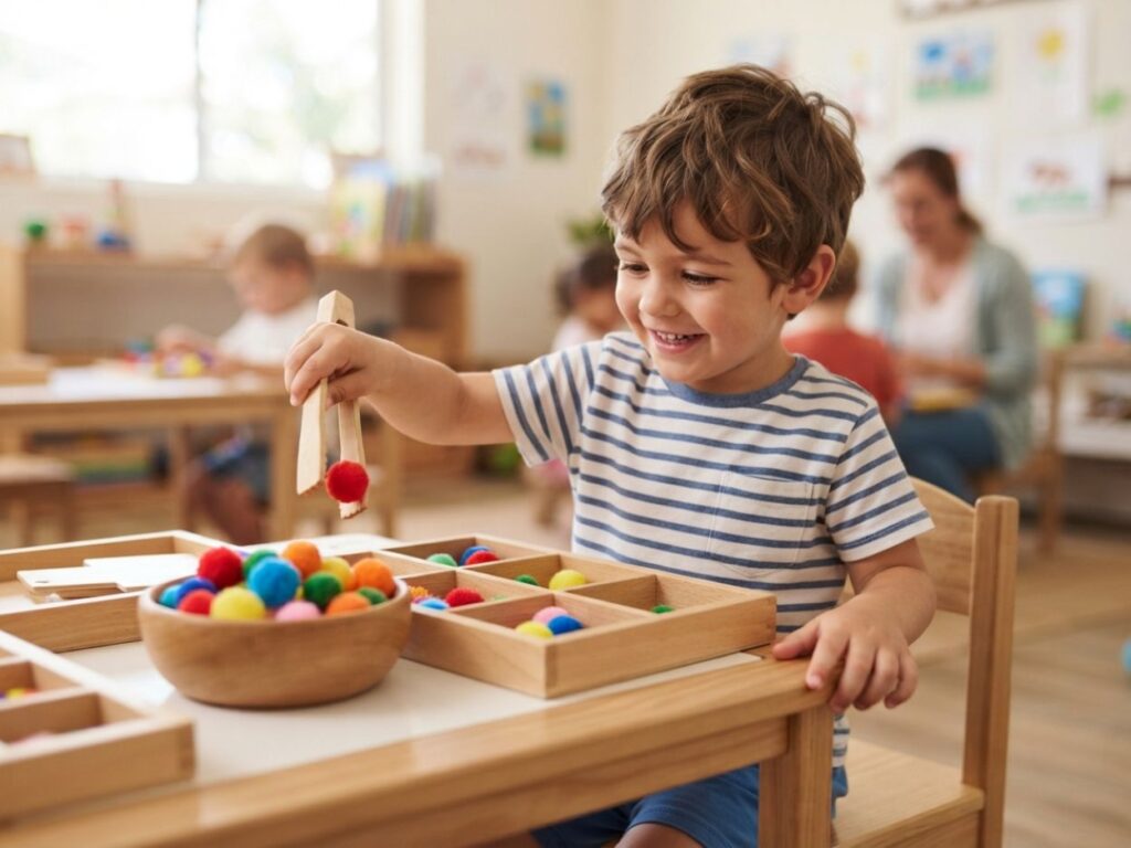 Petit garçon utilisant une pince en bois pour trier des pompons colorés dans un plateau.