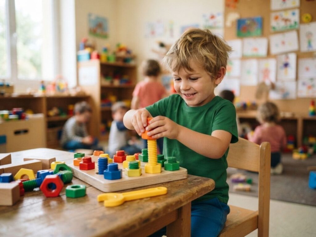 Enfant en train de visser des écrous colorés sur une planche en bois en classe.