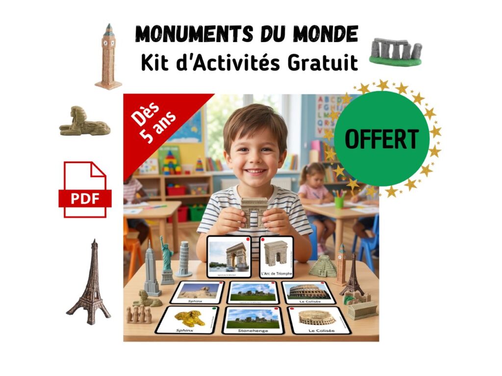 Enfant utilisant un kit d'activités sur les monuments du monde