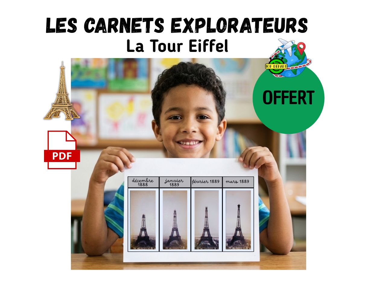 Enfant présentant une fiche pédagogique à imprimer sur l'histoire de la construction de la Tour Eiffel