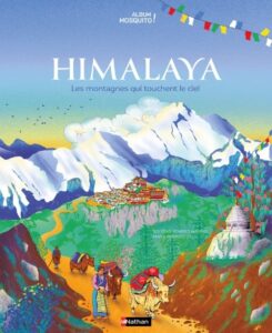 Illustration du livre Himalaya montrant des montagnes enneigées et des yaks