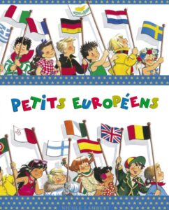 Illustration d'enfants tenant des drapeaux européens, livre de Nicole Lambert