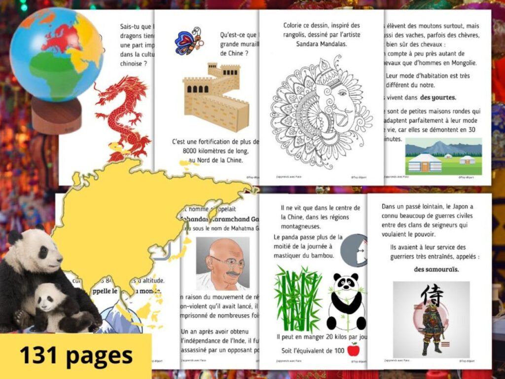 Aperçu des pages d'un livret éducatif illustré de 131 pages sur la géographie et la culture du monde avec des pandas, la Grande Muraille de Chine et Gandhi.