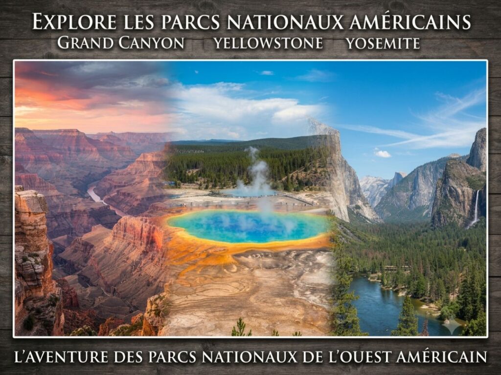 Collage du Grand Canyon, du parc Yellowstone et de la vallée de Yosemite.